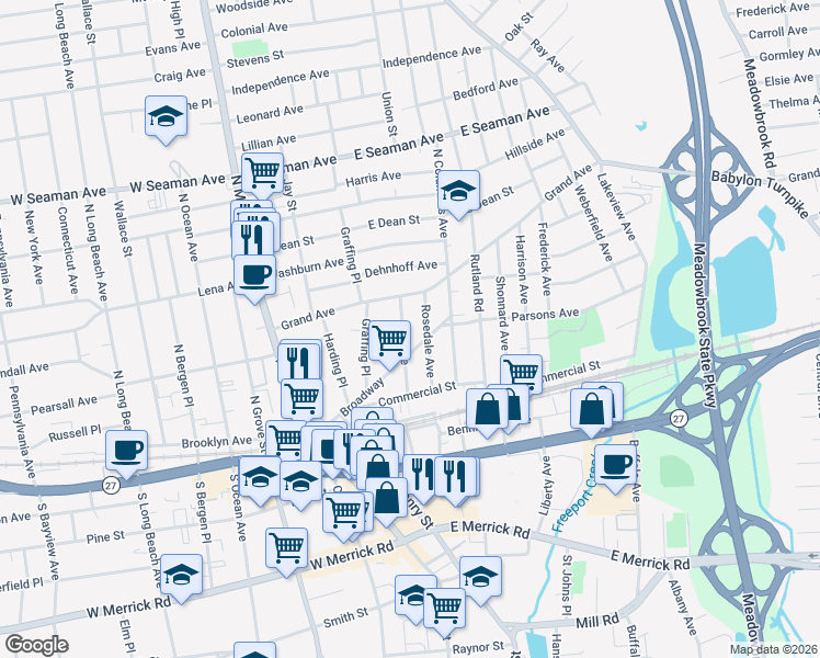 map of restaurants, bars, coffee shops, grocery stores, and more near 115 Broadway in Freeport