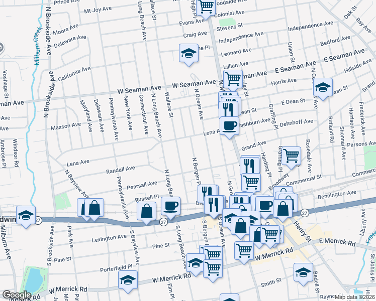 map of restaurants, bars, coffee shops, grocery stores, and more near 92 Wallace Street in Freeport