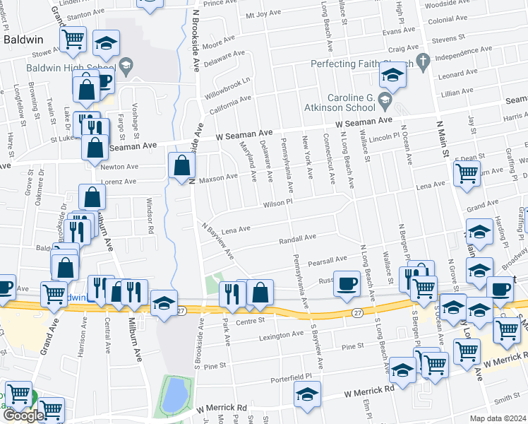 map of restaurants, bars, coffee shops, grocery stores, and more near 266 Lena Avenue in Freeport