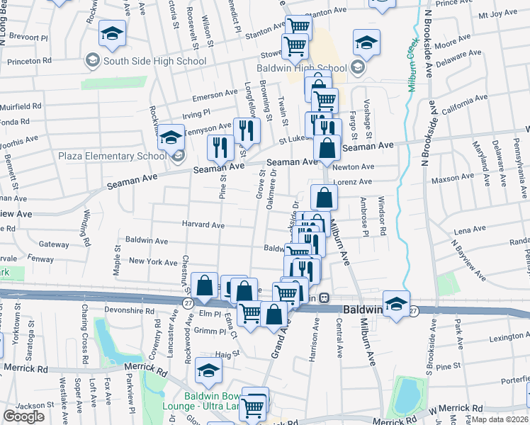 map of restaurants, bars, coffee shops, grocery stores, and more near 2047 Oakmere Drive in Baldwin