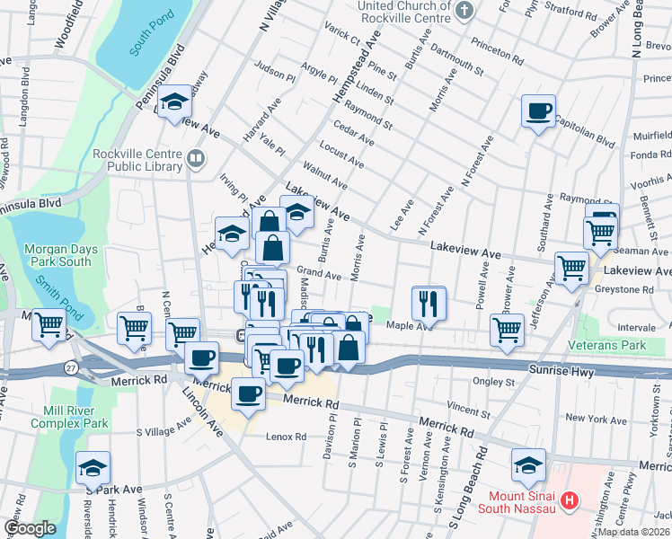 map of restaurants, bars, coffee shops, grocery stores, and more near 152 Morris Avenue in Rockville Centre