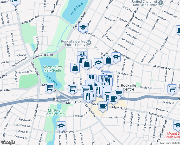 map of restaurants, bars, coffee shops, grocery stores, and more near 120 North Village Avenue in Rockville Centre