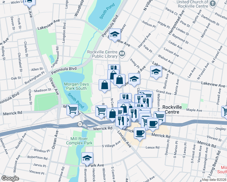 map of restaurants, bars, coffee shops, grocery stores, and more near in Rockville Centre