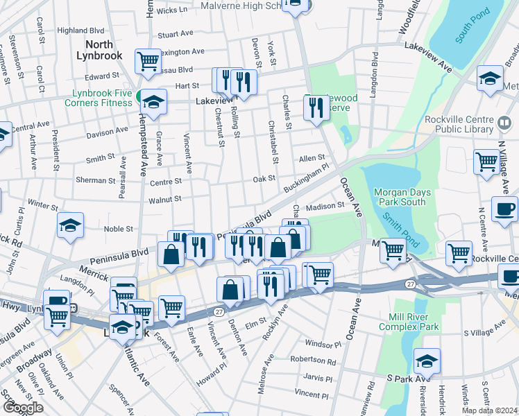 map of restaurants, bars, coffee shops, grocery stores, and more near in Lynbrook