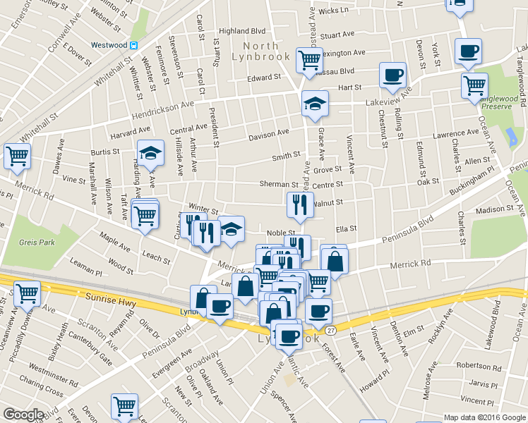 map of restaurants, bars, coffee shops, grocery stores, and more near 7 Glover Circle in Lynbrook