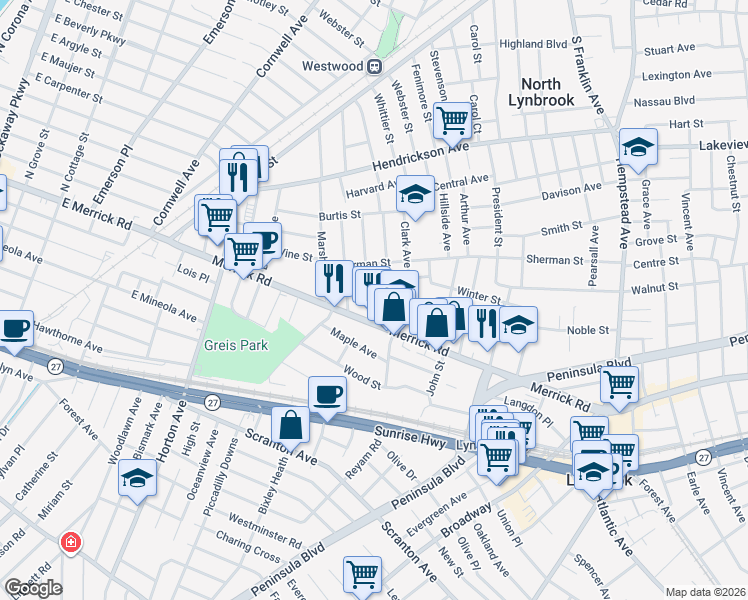 map of restaurants, bars, coffee shops, grocery stores, and more near 8 Taft Avenue in Lynbrook
