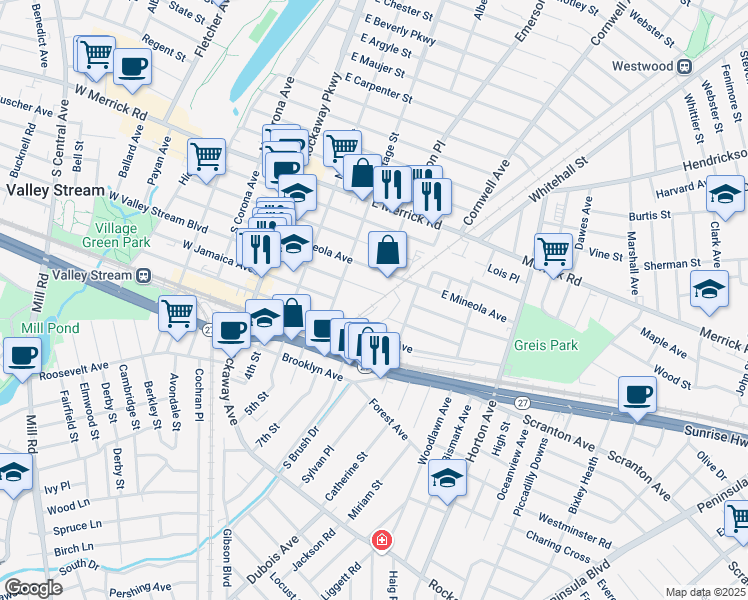 map of restaurants, bars, coffee shops, grocery stores, and more near 100 East Valley Stream Boulevard in Valley Stream