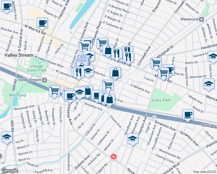 map of restaurants, bars, coffee shops, grocery stores, and more near 100 East Valley Stream Boulevard in Valley Stream