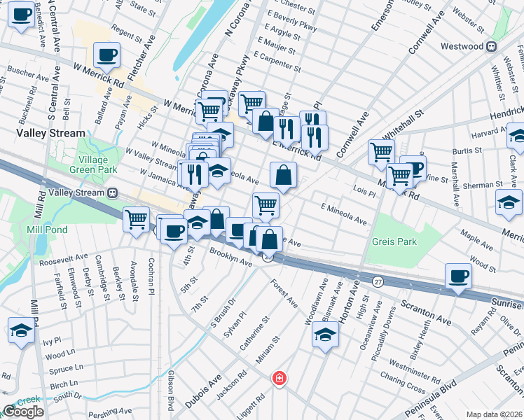 map of restaurants, bars, coffee shops, grocery stores, and more near 100 East Valley Stream Boulevard in Valley Stream