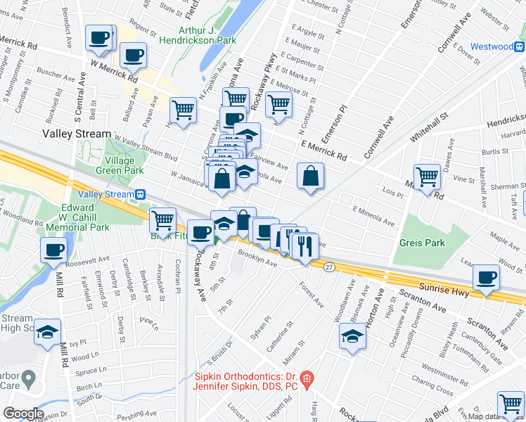 map of restaurants, bars, coffee shops, grocery stores, and more near 64 East Jamaica Avenue in Valley Stream