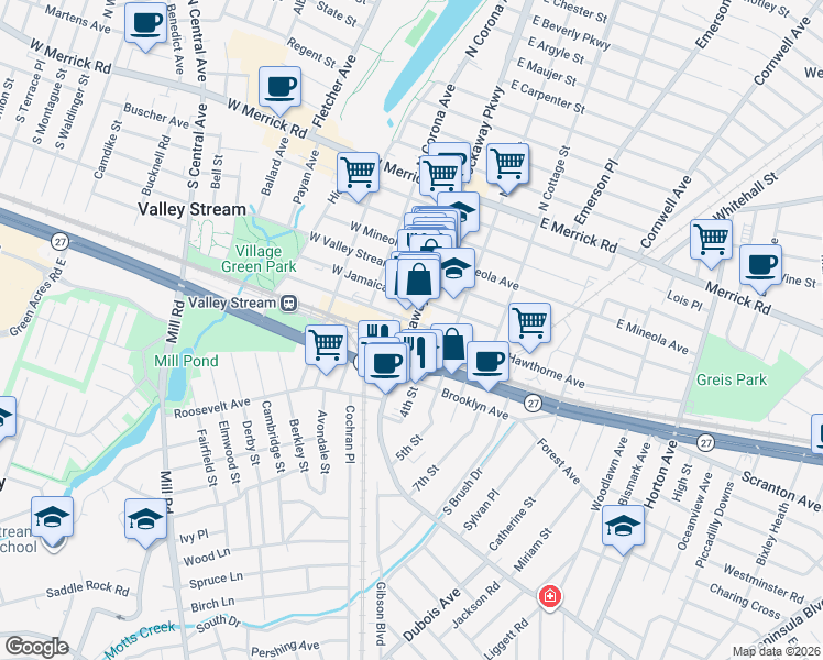 map of restaurants, bars, coffee shops, grocery stores, and more near 245 Rockaway Avenue in Valley Stream