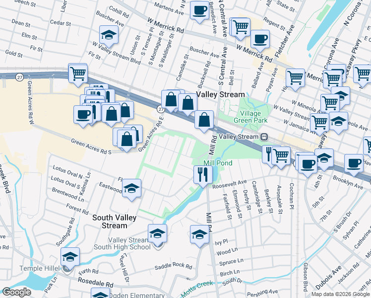 map of restaurants, bars, coffee shops, grocery stores, and more near 14 Ash Lane in Valley Stream