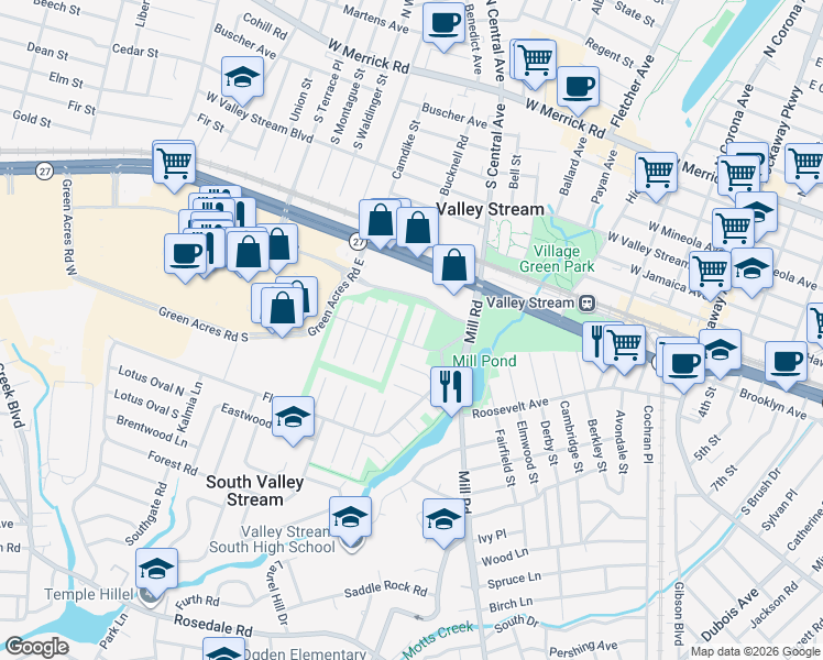 map of restaurants, bars, coffee shops, grocery stores, and more near 14 Ash Lane in Valley Stream