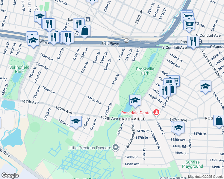 map of restaurants, bars, coffee shops, grocery stores, and more near 231-20 145th Avenue in Queens