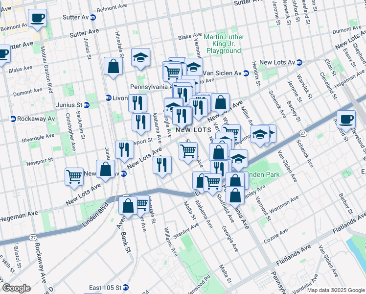 map of restaurants, bars, coffee shops, grocery stores, and more near 654 Georgia Avenue in Brooklyn