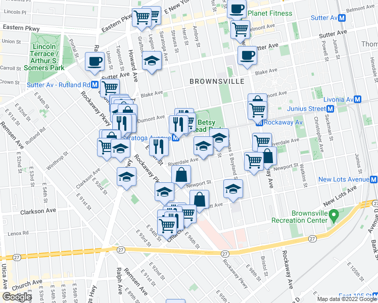 map of restaurants, bars, coffee shops, grocery stores, and more near 822 Saratoga Avenue in Brooklyn