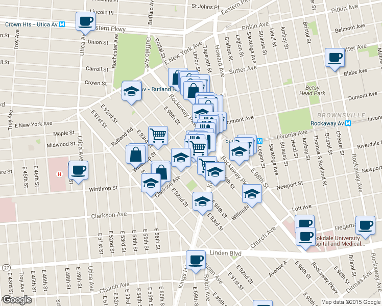 map of restaurants, bars, coffee shops, grocery stores, and more near 9517 Kings Highway in Brooklyn