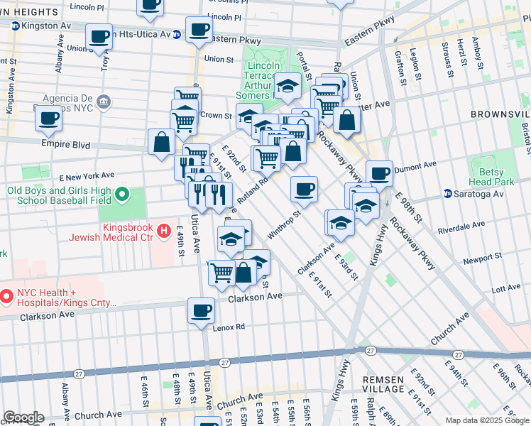 map of restaurants, bars, coffee shops, grocery stores, and more near 162 East 91st Street in Brooklyn
