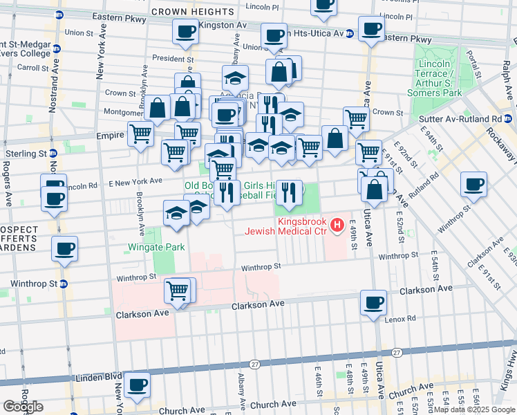 map of restaurants, bars, coffee shops, grocery stores, and more near 685 Rutland Road in Brooklyn