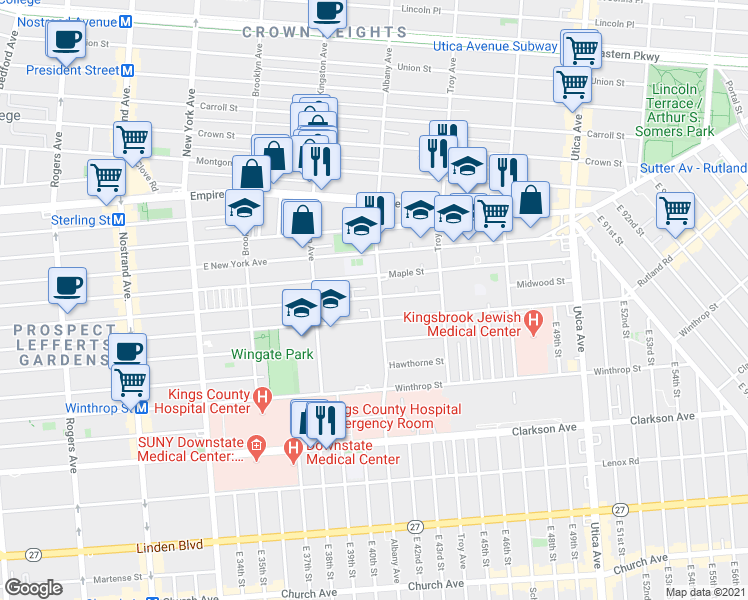 map of restaurants, bars, coffee shops, grocery stores, and more near 577 Albany Avenue in Brooklyn