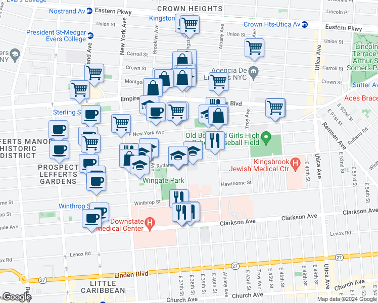 map of restaurants, bars, coffee shops, grocery stores, and more near 546 Midwood Street in Brooklyn