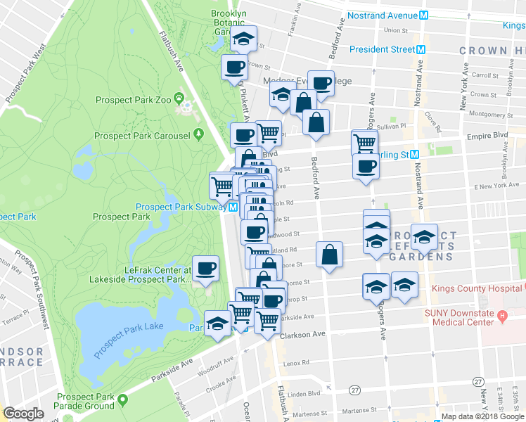 map of restaurants, bars, coffee shops, grocery stores, and more near 553 Flatbush Avenue in Brooklyn