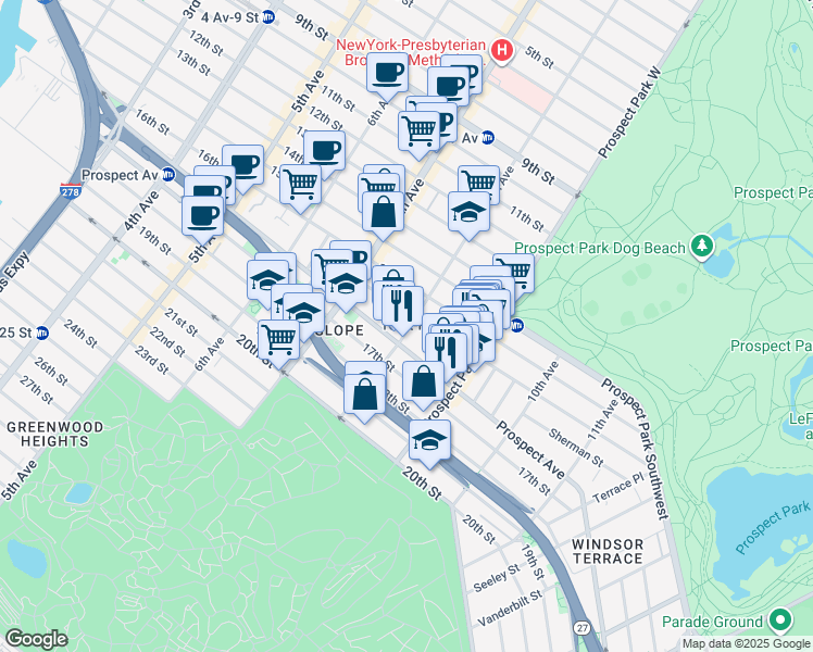 map of restaurants, bars, coffee shops, grocery stores, and more near 72 Windsor Place in Brooklyn