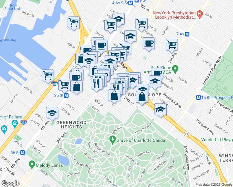 map of restaurants, bars, coffee shops, grocery stores, and more near 283 21st Street in Brooklyn