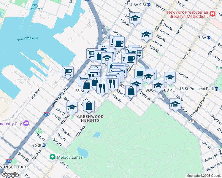 map of restaurants, bars, coffee shops, grocery stores, and more near 229 23rd Street in Brooklyn