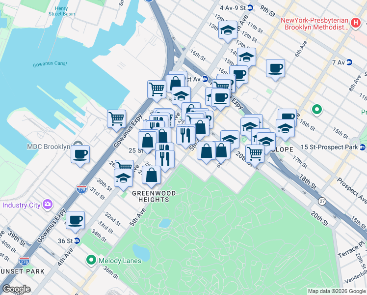 map of restaurants, bars, coffee shops, grocery stores, and more near 229 23rd Street in Brooklyn