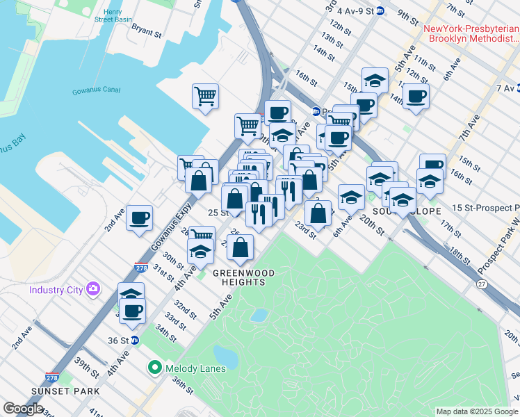 map of restaurants, bars, coffee shops, grocery stores, and more near 281 24th Street in Brooklyn
