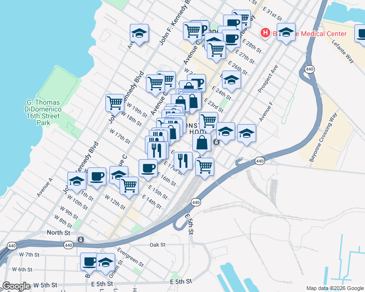 map of restaurants, bars, coffee shops, grocery stores, and more near 24 East 19th Street in Bayonne