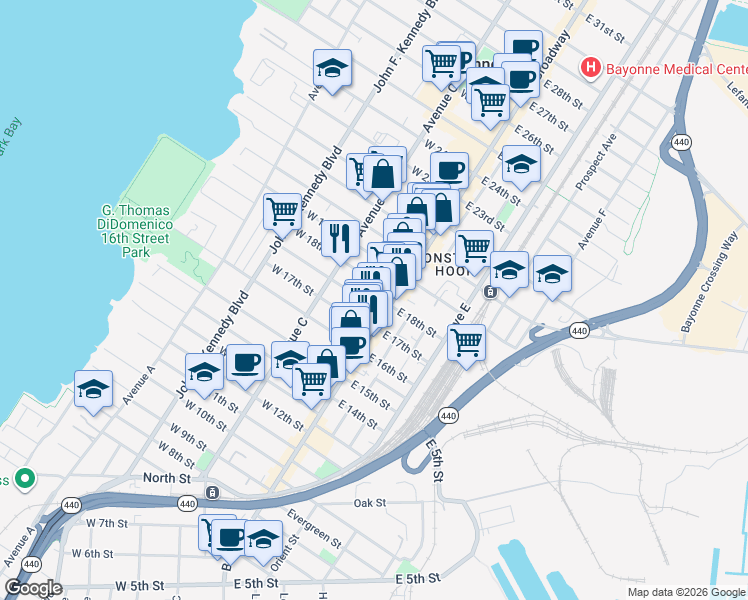 map of restaurants, bars, coffee shops, grocery stores, and more near 24 Andrew Street in Bayonne