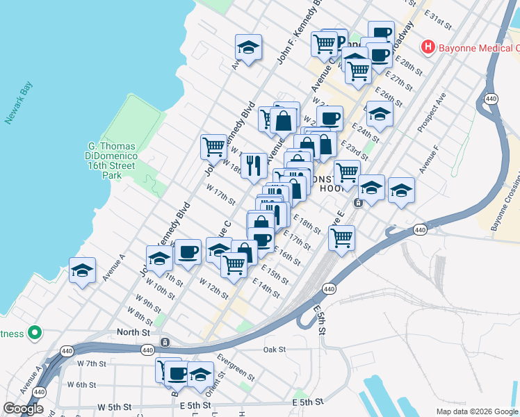map of restaurants, bars, coffee shops, grocery stores, and more near 24 Andrew Street in Bayonne