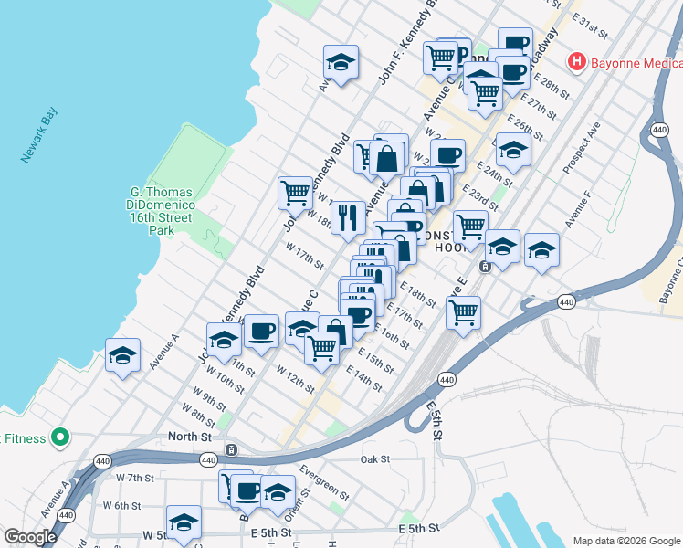 map of restaurants, bars, coffee shops, grocery stores, and more near 392 Avenue C in Bayonne