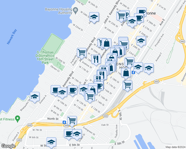 map of restaurants, bars, coffee shops, grocery stores, and more near 392 Avenue C in Bayonne