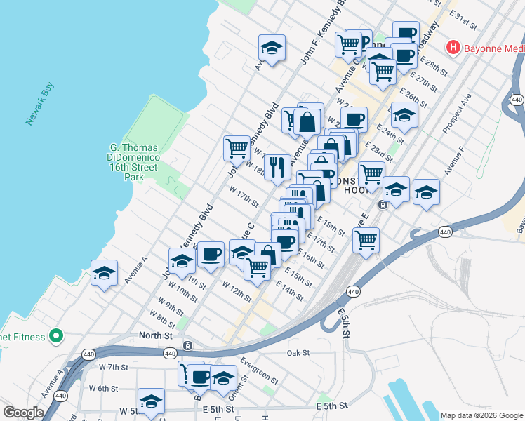 map of restaurants, bars, coffee shops, grocery stores, and more near 392 Avenue C in Bayonne