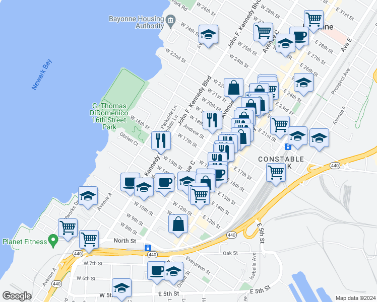 map of restaurants, bars, coffee shops, grocery stores, and more near 76 West 16th Street in Bayonne
