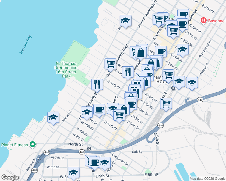 map of restaurants, bars, coffee shops, grocery stores, and more near 76 West 16th Street in Bayonne