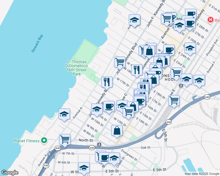 map of restaurants, bars, coffee shops, grocery stores, and more near 97 West 15th Street in Bayonne