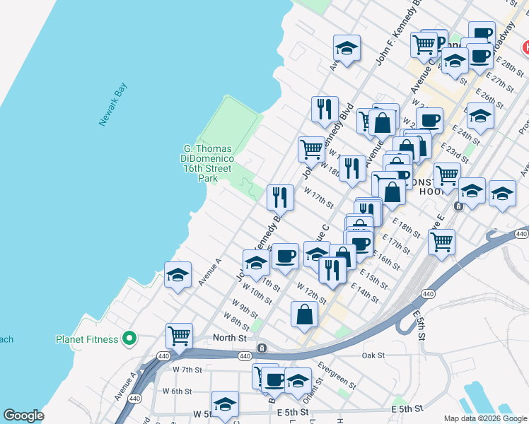 map of restaurants, bars, coffee shops, grocery stores, and more near 118 West 15th Street in Bayonne