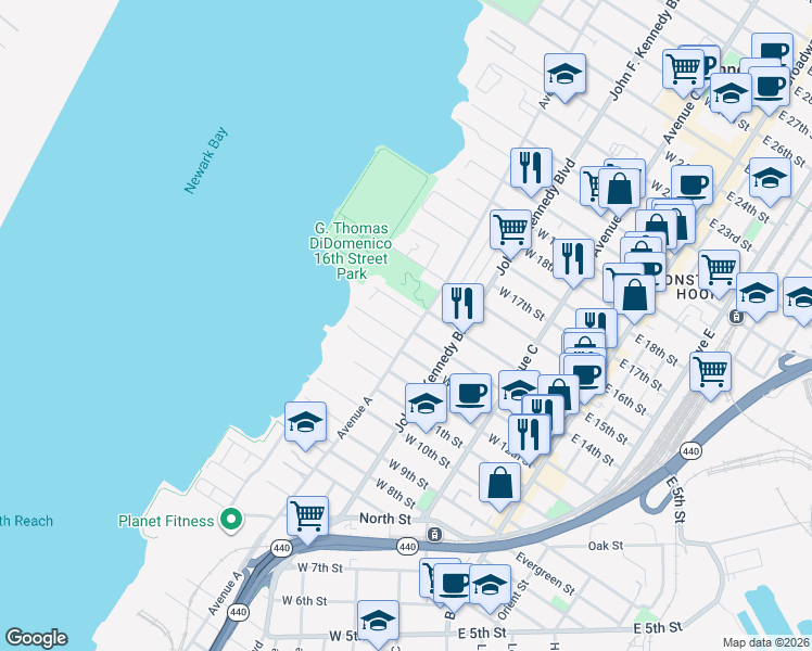 map of restaurants, bars, coffee shops, grocery stores, and more near 351 Avenue A in Bayonne