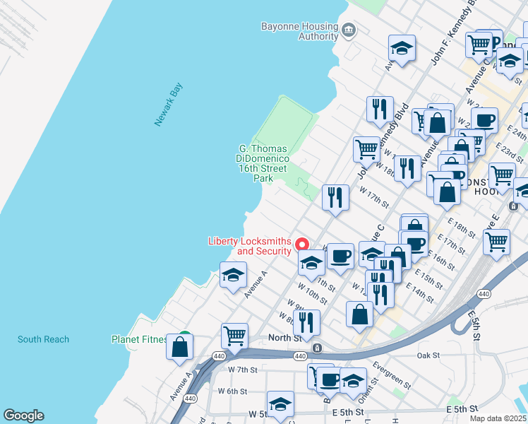 map of restaurants, bars, coffee shops, grocery stores, and more near 31 Edwards Court in Bayonne