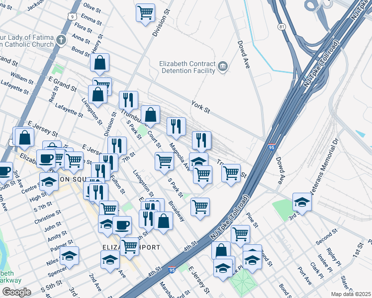 map of restaurants, bars, coffee shops, grocery stores, and more near 615 Magnolia Avenue in Elizabeth