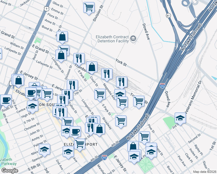 map of restaurants, bars, coffee shops, grocery stores, and more near 615 Magnolia Avenue in Elizabeth