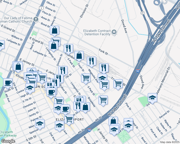 map of restaurants, bars, coffee shops, grocery stores, and more near 635 Court Street in Elizabeth