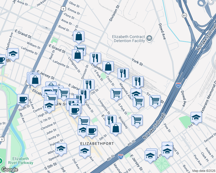 map of restaurants, bars, coffee shops, grocery stores, and more near 652 South Park Street in Elizabeth