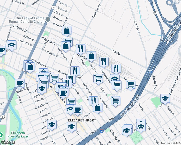 map of restaurants, bars, coffee shops, grocery stores, and more near 652 South Park Street in Elizabeth