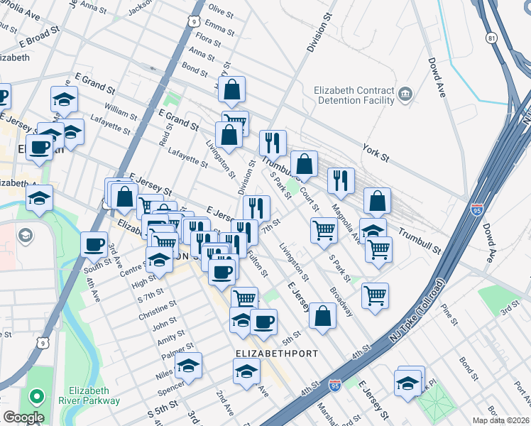 map of restaurants, bars, coffee shops, grocery stores, and more near 122 7th Street in Elizabeth