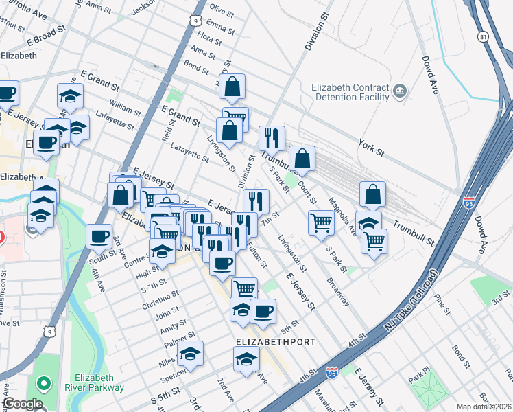map of restaurants, bars, coffee shops, grocery stores, and more near 105-09 Miller Street in Elizabeth